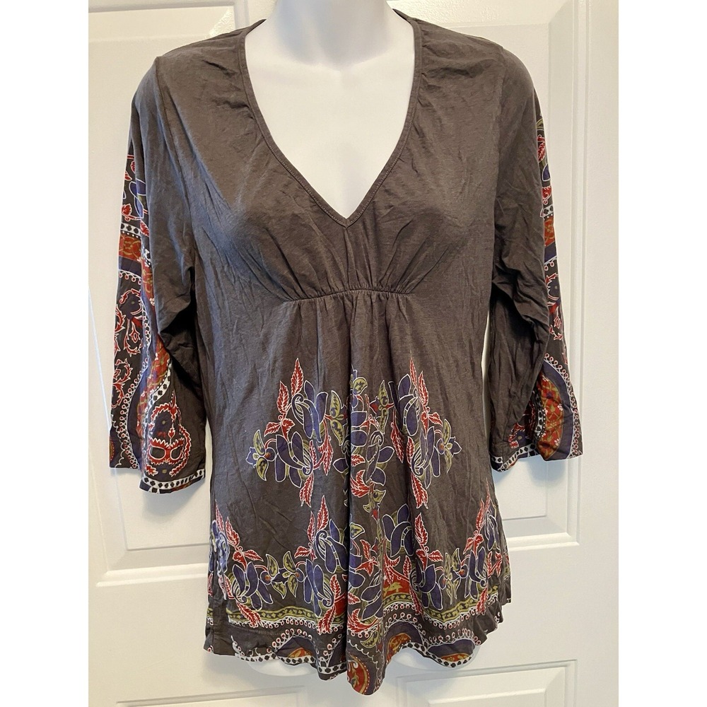 Language Anthropologie Top Women's S‎ Small Pullover Flowy Boho Floral Gray
